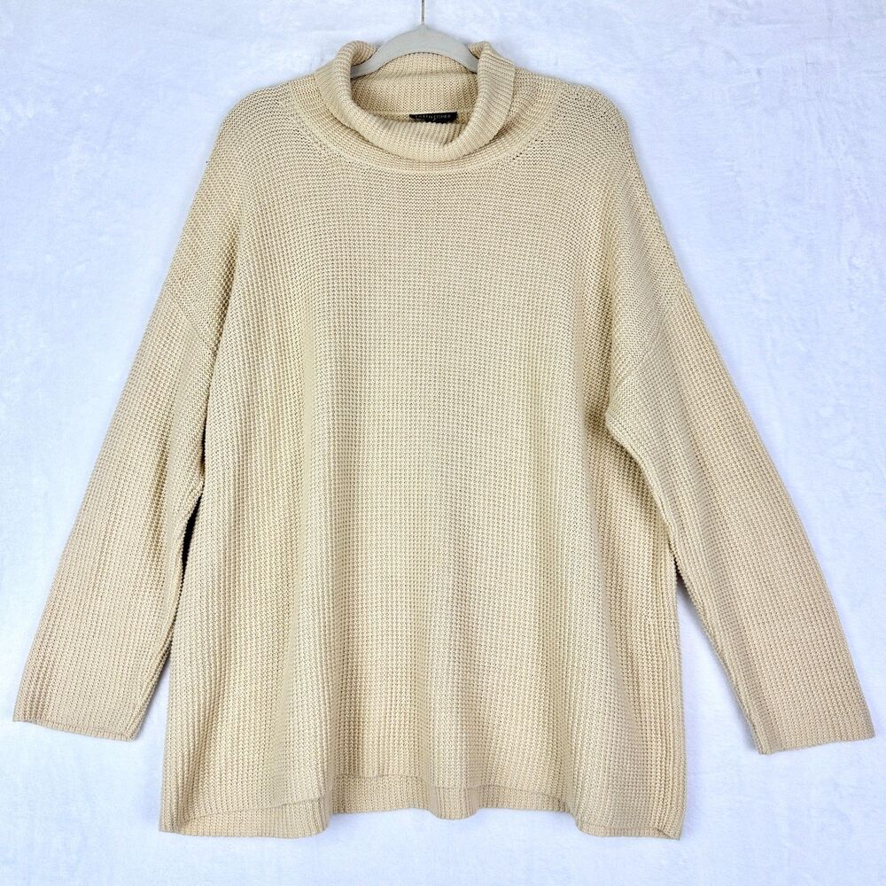 Eileen Fisher Organic Cotton Waffle Knit Mock Neck Top Size Large Butter Yellow